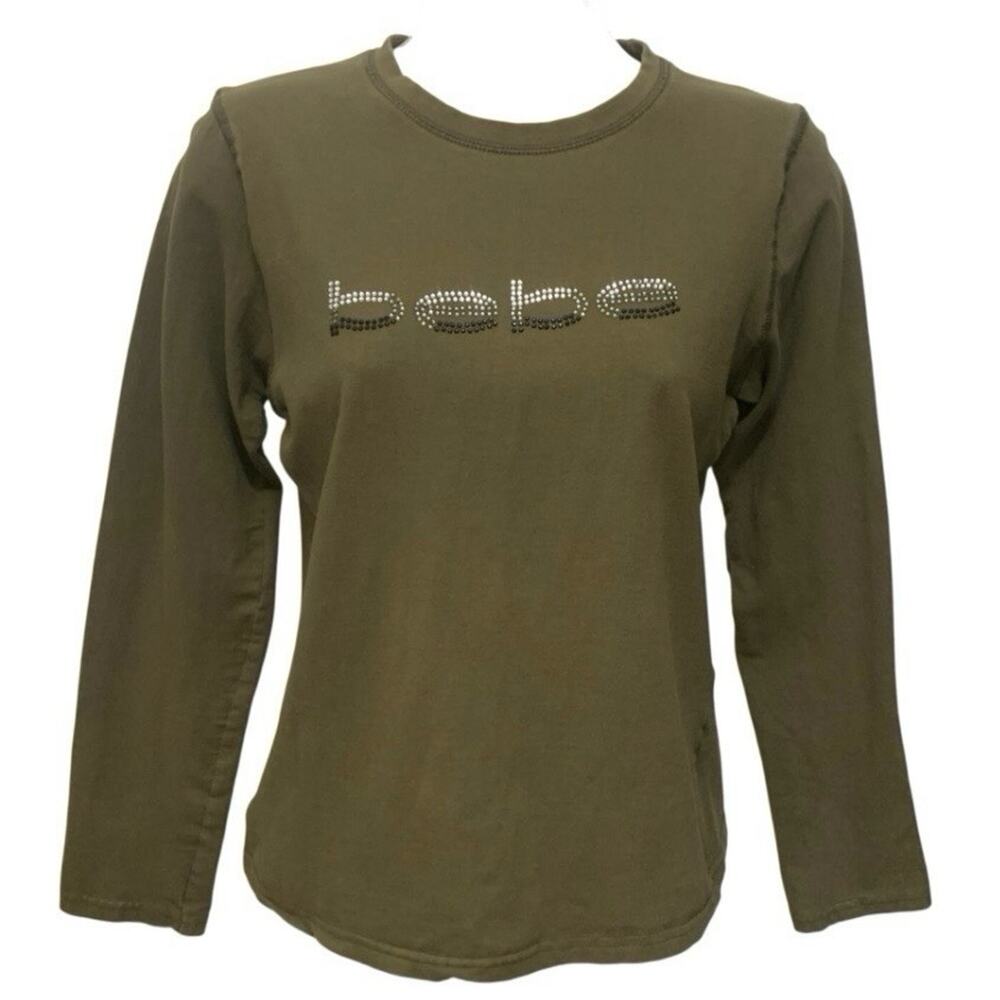 Bebe Sz XL Rhinestone Logo Top Olive Green Long Sleeve Fitted Bling